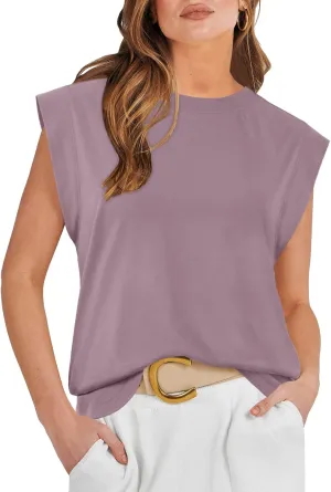ATHMILE Women's Sleeveless Summer Tank Tops Casual Trendy T Shirts Basic Trendy Cap Sleeve Oversized Tee