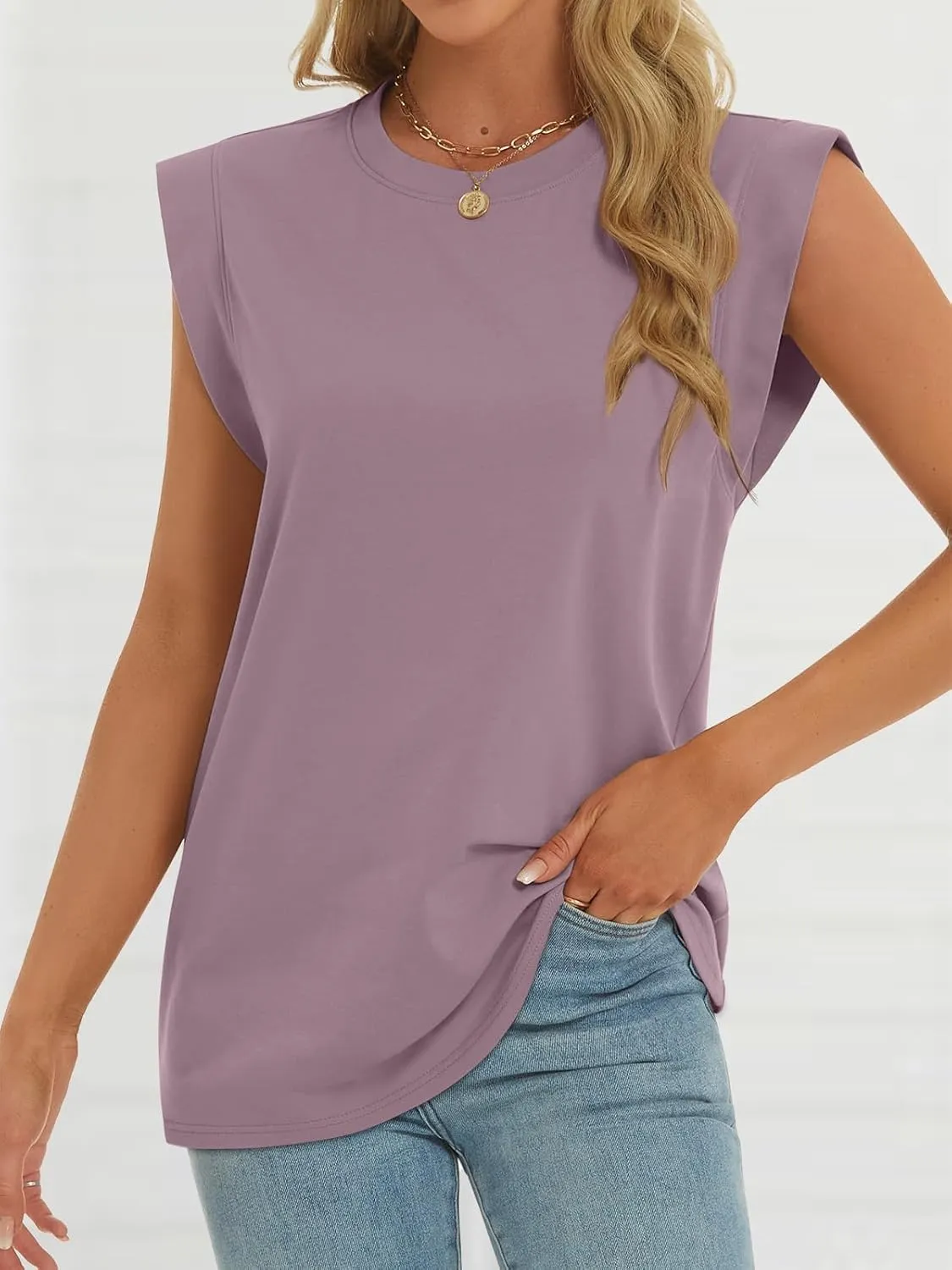 ATHMILE Women's Sleeveless Summer Tank Tops Casual Trendy T Shirts Basic Trendy Cap Sleeve Oversized Tee