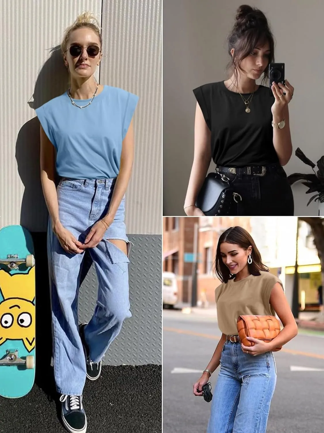 ATHMILE Women's Sleeveless Summer Tank Tops Casual Trendy T Shirts Basic Trendy Cap Sleeve Oversized Tee