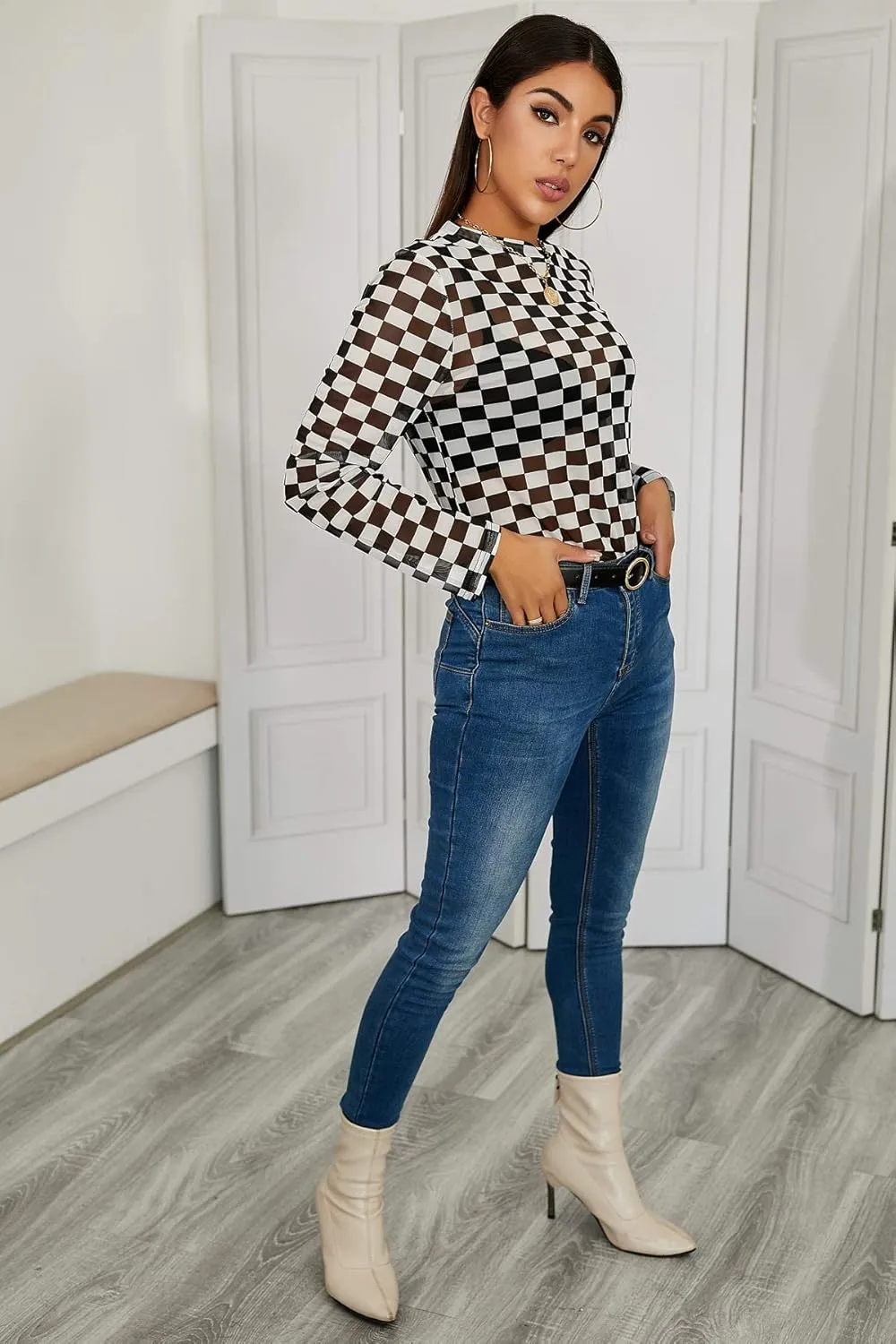 AZPSRT Women's Checkered Print Mesh Shirt Sexy See Through Sheer Mesh Crop Top Tee Checkerboard T Shirts