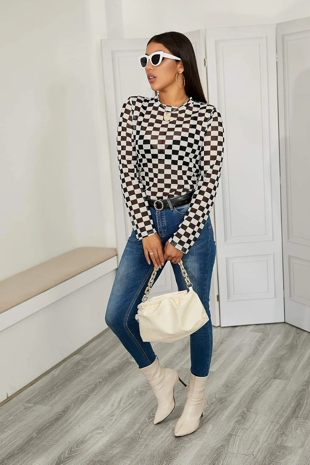 AZPSRT Women's Checkered Print Mesh Shirt Sexy See Through Sheer Mesh Crop Top Tee Checkerboard T Shirts