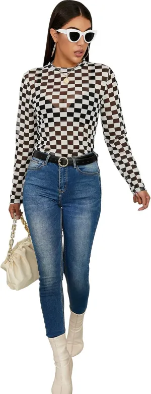 AZPSRT Women's Checkered Print Mesh Shirt Sexy See Through Sheer Mesh Crop Top Tee Checkerboard T Shirts