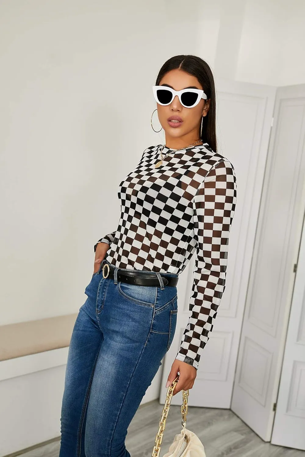 AZPSRT Women's Checkered Print Mesh Shirt Sexy See Through Sheer Mesh Crop Top Tee Checkerboard T Shirts