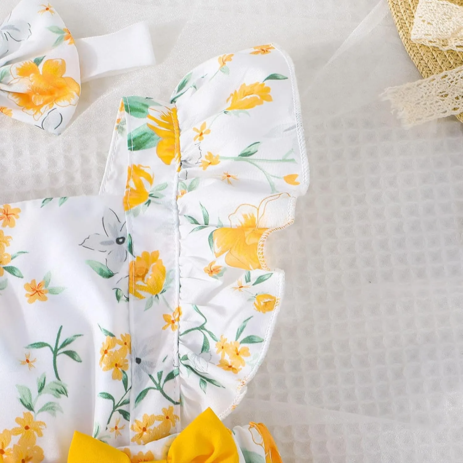 Baby Girl Floral Jumpsuit Dress Ruffle Knit 2 Piece Bodysuit Skirt with Headband Mini Dress Long Sleeve