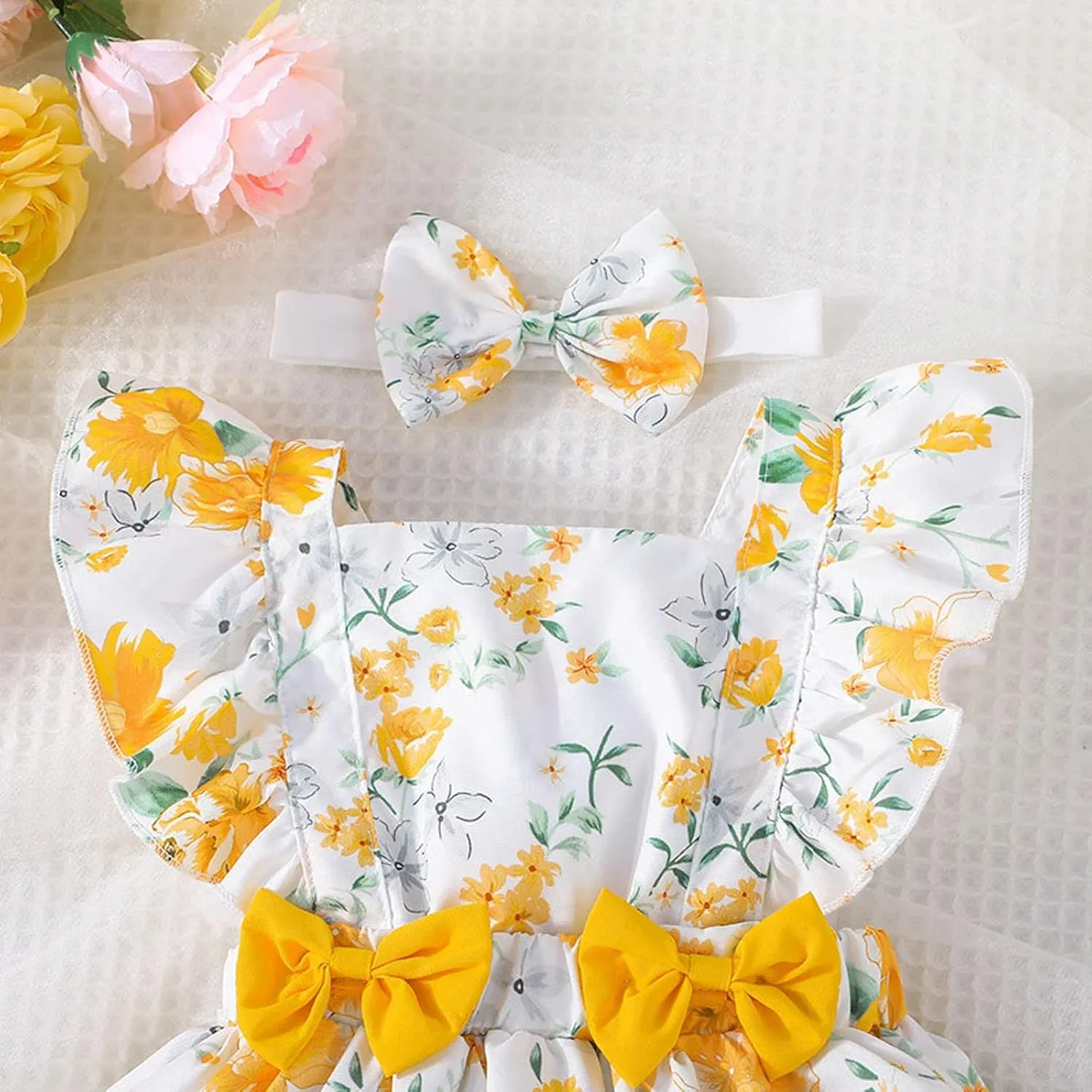 Baby Girl Floral Jumpsuit Dress Ruffle Knit 2 Piece Bodysuit Skirt with Headband Mini Dress Long Sleeve