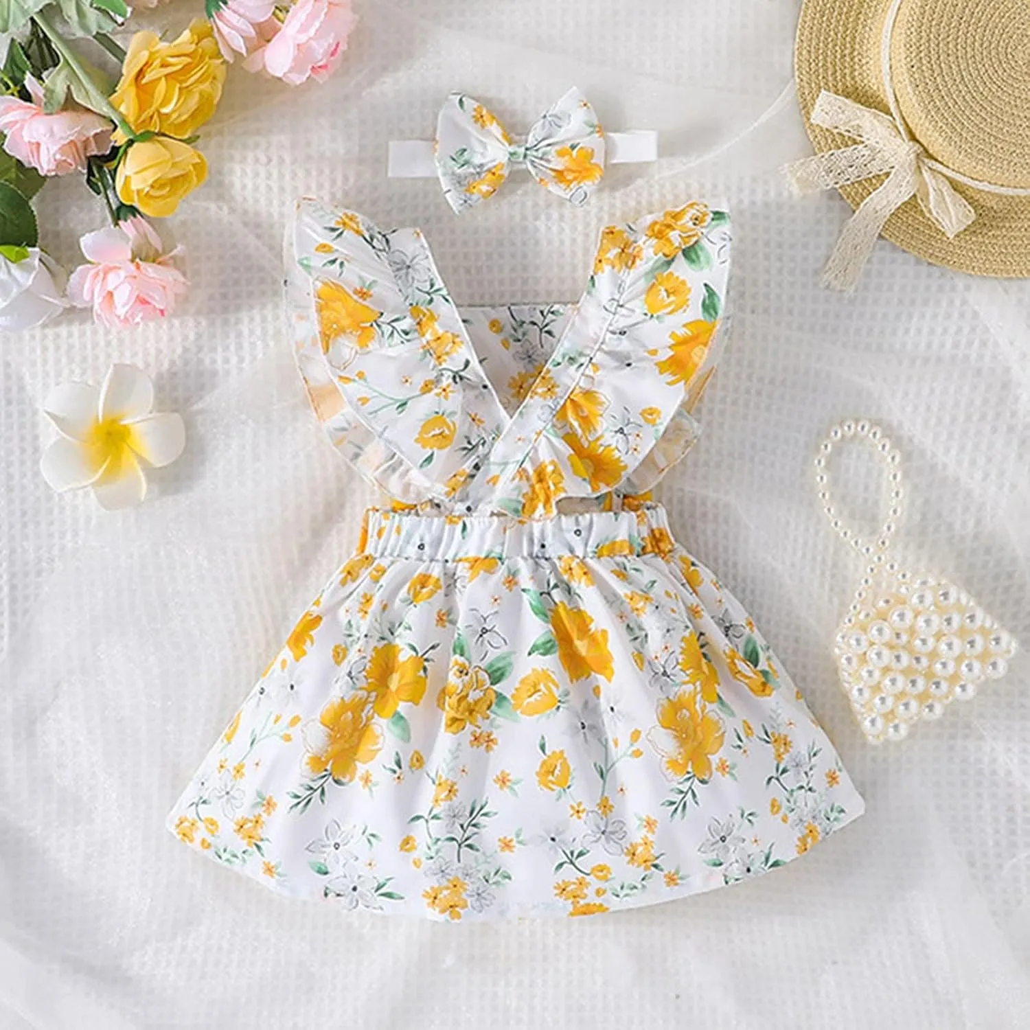 Baby Girl Floral Jumpsuit Dress Ruffle Knit 2 Piece Bodysuit Skirt with Headband Mini Dress Long Sleeve