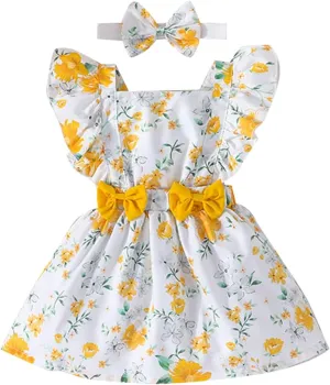 Baby Girl Floral Jumpsuit Dress Ruffle Knit 2 Piece Bodysuit Skirt with Headband Mini Dress Long Sleeve