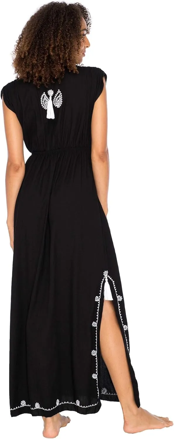 Back From Bali Womens Long Maxi Dress Boho Embroidered Sleeveless Summer Sundress Deep V Neck
