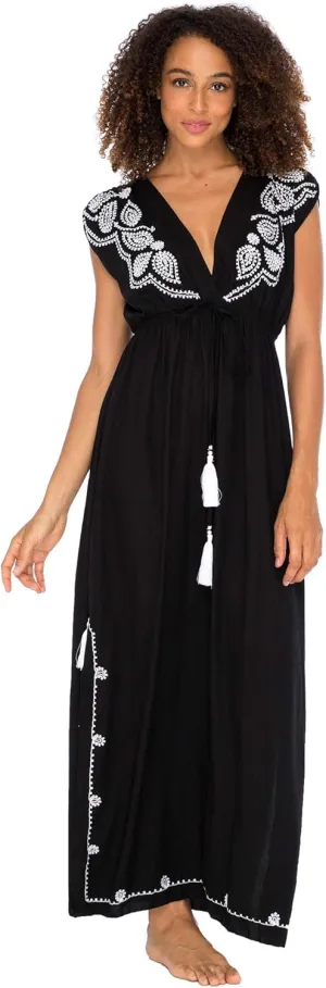 Back From Bali Womens Long Maxi Dress Boho Embroidered Sleeveless Summer Sundress Deep V Neck