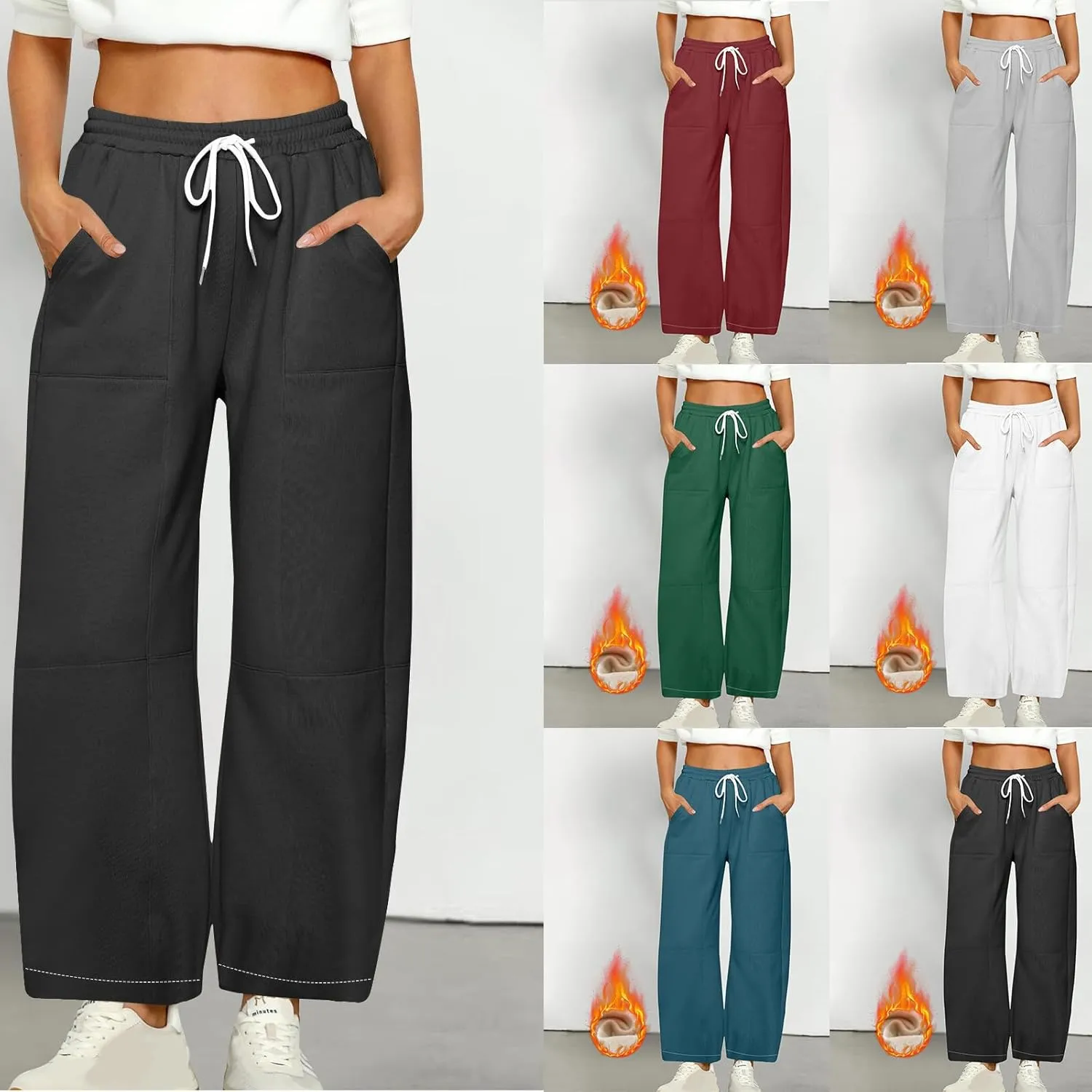 Baggy Sweatpants Women Sherpa Fleece Lined Pants Thick Sweatpants High Waist Wide Leg Pants Drawstring Trousers Pocket