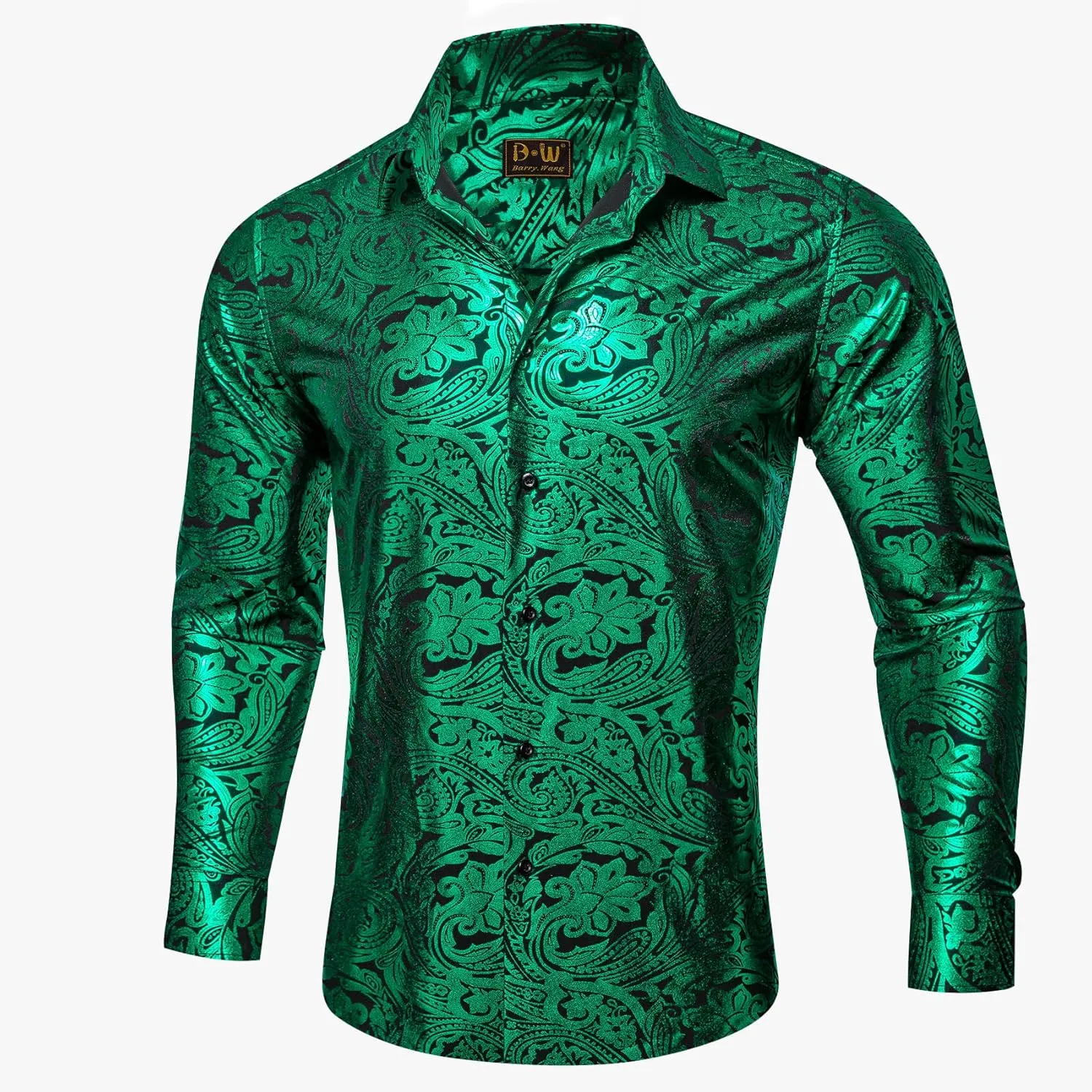 Barry.Wang Men's Disco Dress Shirt Long Sleeve Nightclub Mexico Paisley Floral Shirts Metallic Gothic Shiny Button Down Shirt