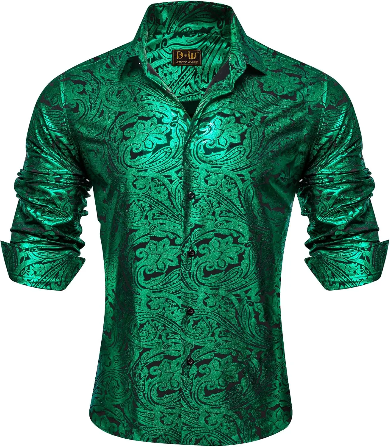 Barry.Wang Men's Disco Dress Shirt Long Sleeve Nightclub Mexico Paisley Floral Shirts Metallic Gothic Shiny Button Down Shirt