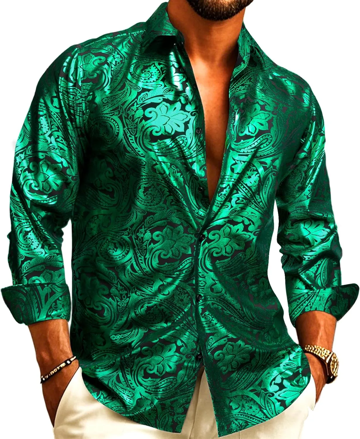 Barry.Wang Men's Disco Dress Shirt Long Sleeve Nightclub Mexico Paisley Floral Shirts Metallic Gothic Shiny Button Down Shirt