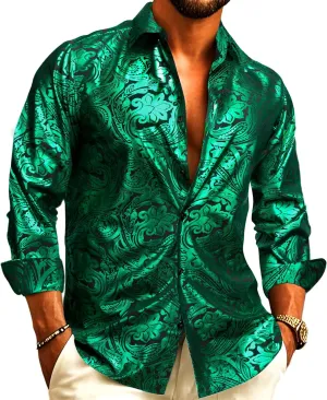 Barry.Wang Men's Disco Dress Shirt Long Sleeve Nightclub Mexico Paisley Floral Shirts Metallic Gothic Shiny Button Down Shirt