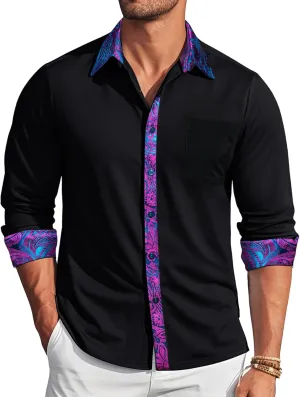 Barry.Wang Mens Dress Shirts Long Sleeve Button Down Business Formal Shirt Collar Cuff Contrast Casual Shirt Wedding