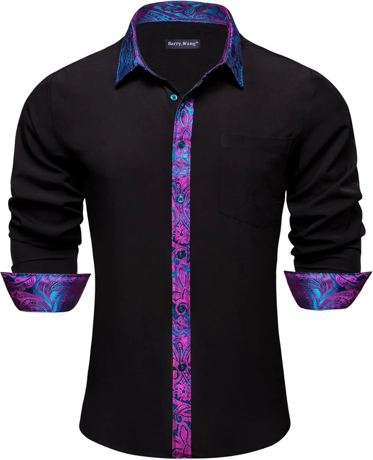 Barry.Wang Mens Dress Shirts Long Sleeve Button Down Business Formal Shirt Collar Cuff Contrast Casual Shirt Wedding