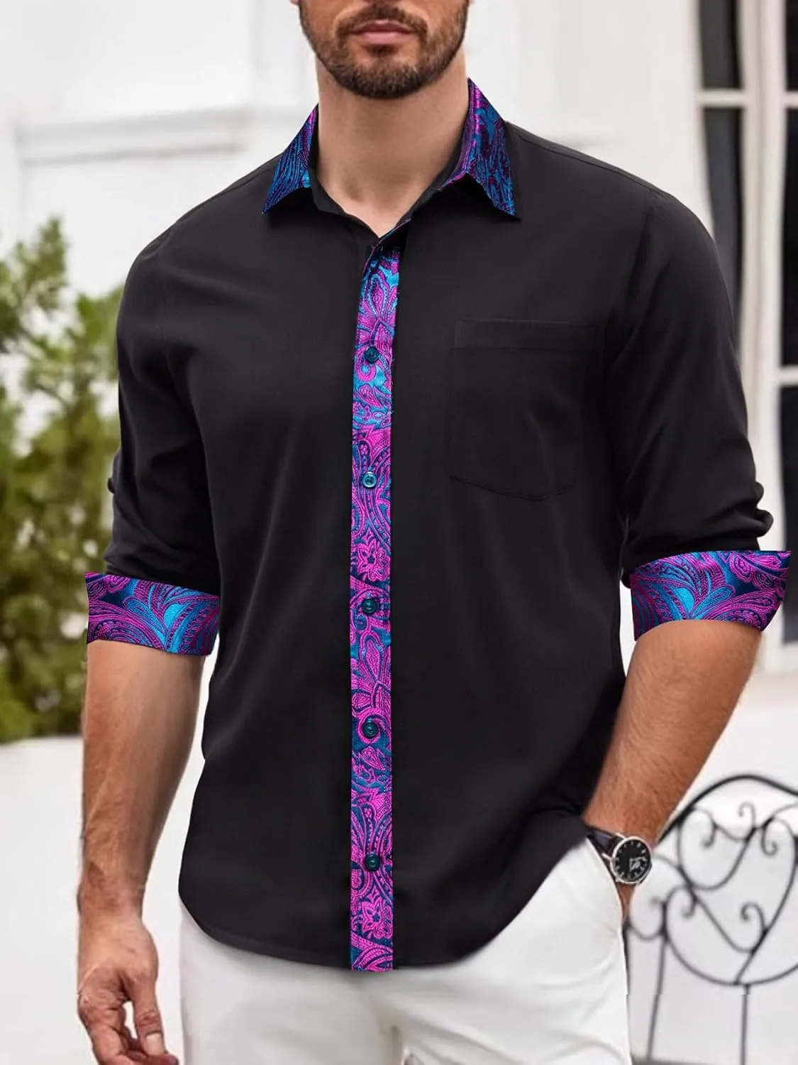 Barry.Wang Mens Dress Shirts Long Sleeve Button Down Business Formal Shirt Collar Cuff Contrast Casual Shirt Wedding