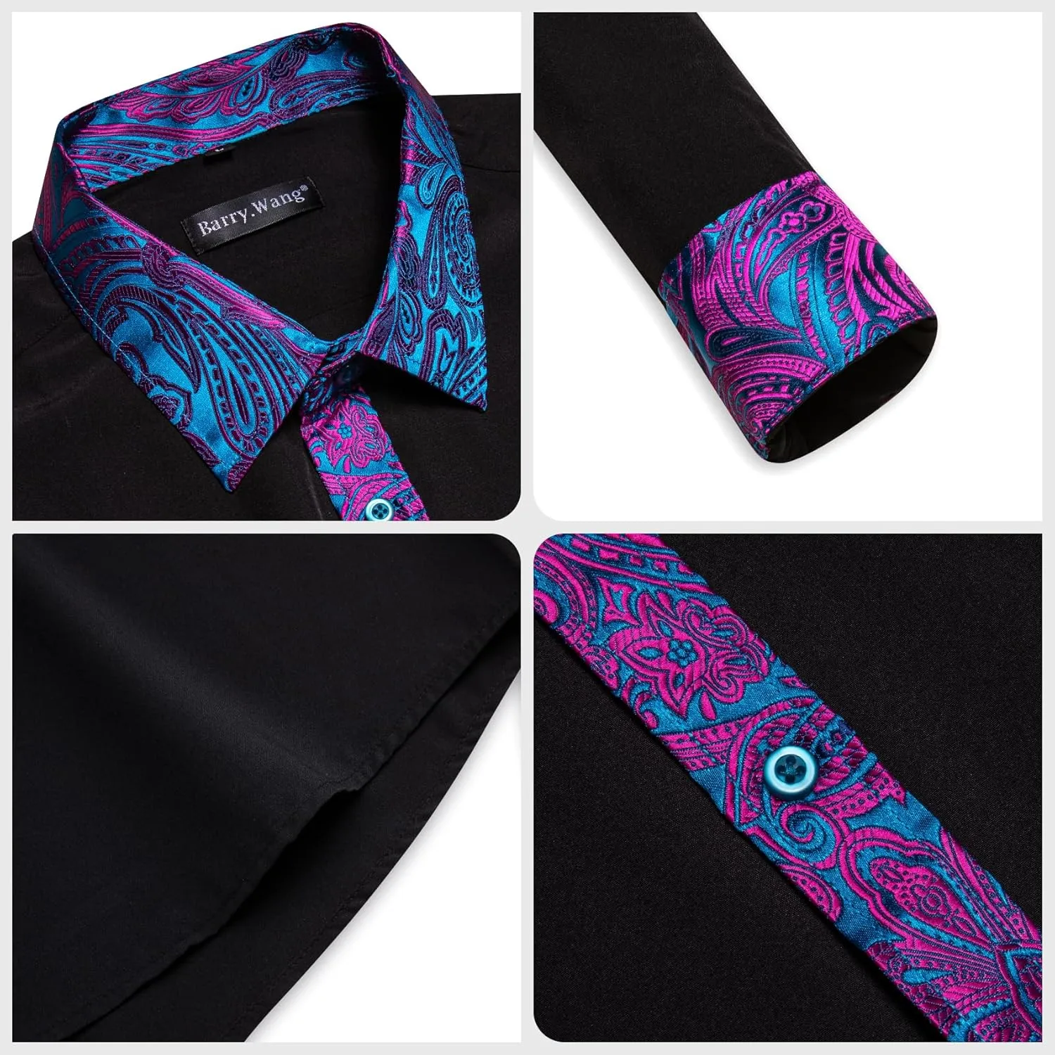 Barry.Wang Mens Dress Shirts Long Sleeve Button Down Business Formal Shirt Collar Cuff Contrast Casual Shirt Wedding