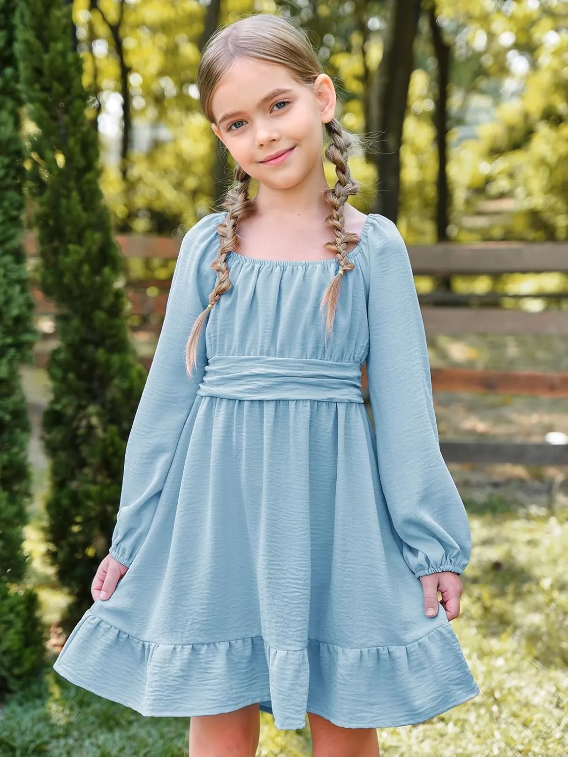 Batermoon Girls Long Sleeve Tie Back Dress Kids Fall Square Neck A-Line Mini Dresses 5-14 Years