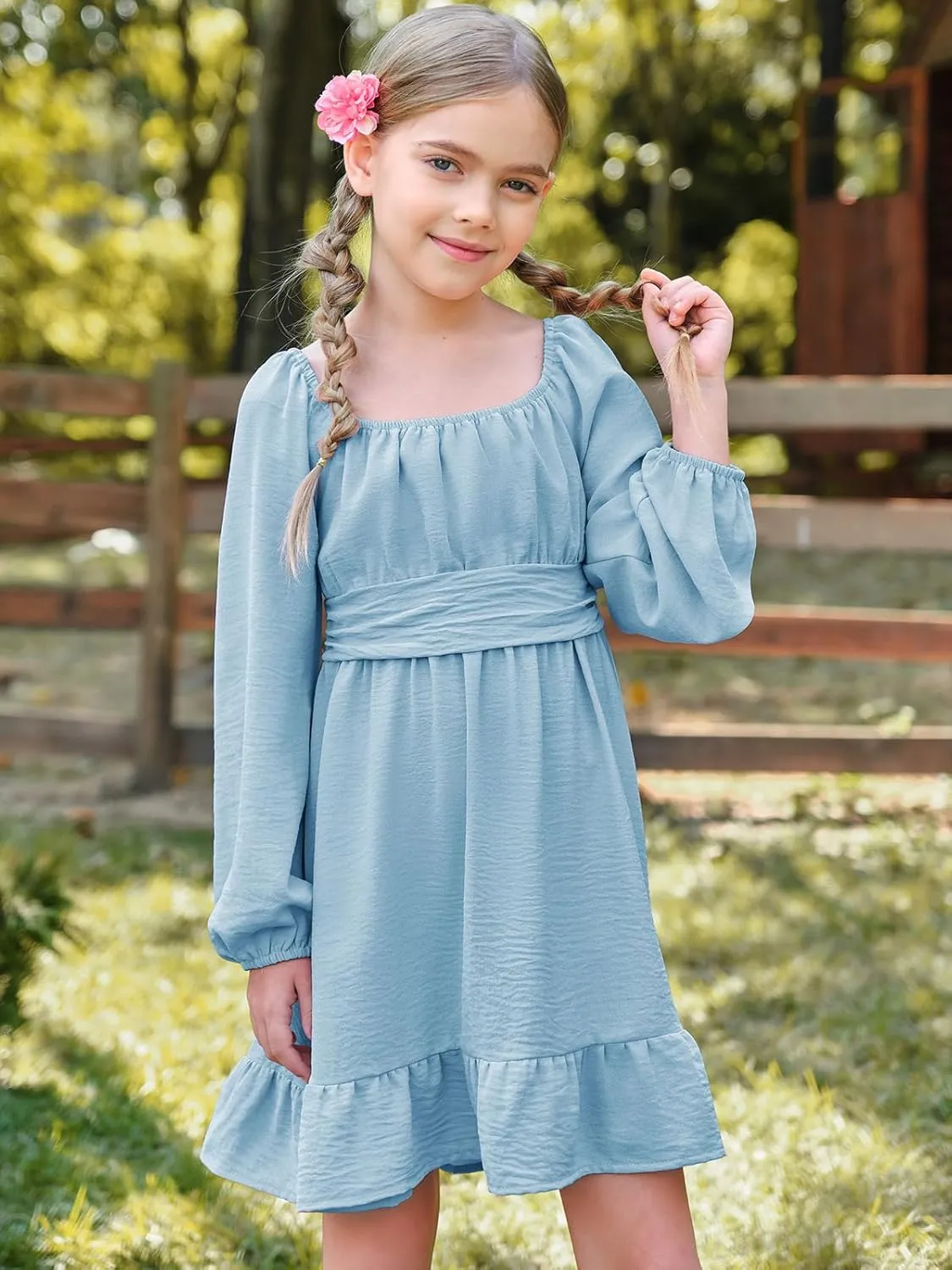 Batermoon Girls Long Sleeve Tie Back Dress Kids Fall Square Neck A-Line Mini Dresses 5-14 Years