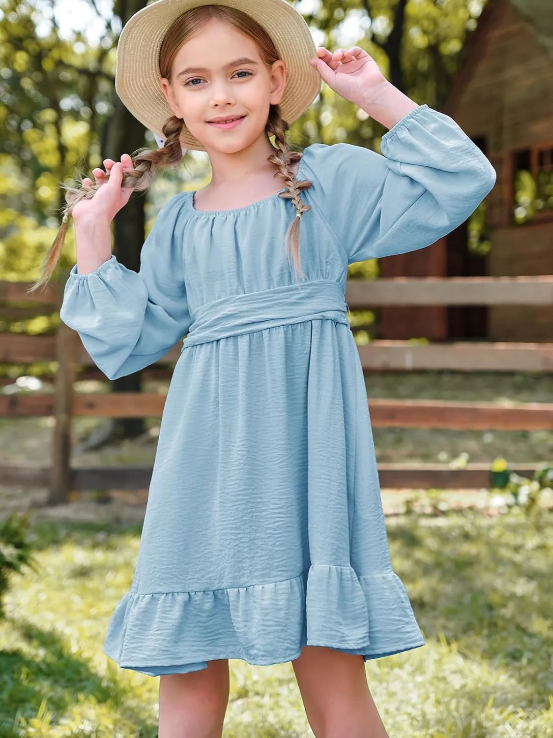 Batermoon Girls Long Sleeve Tie Back Dress Kids Fall Square Neck A-Line Mini Dresses 5-14 Years
