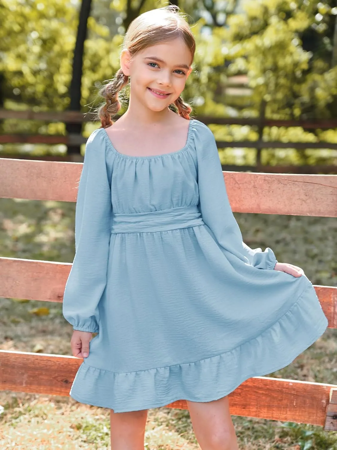Batermoon Girls Long Sleeve Tie Back Dress Kids Fall Square Neck A-Line Mini Dresses 5-14 Years