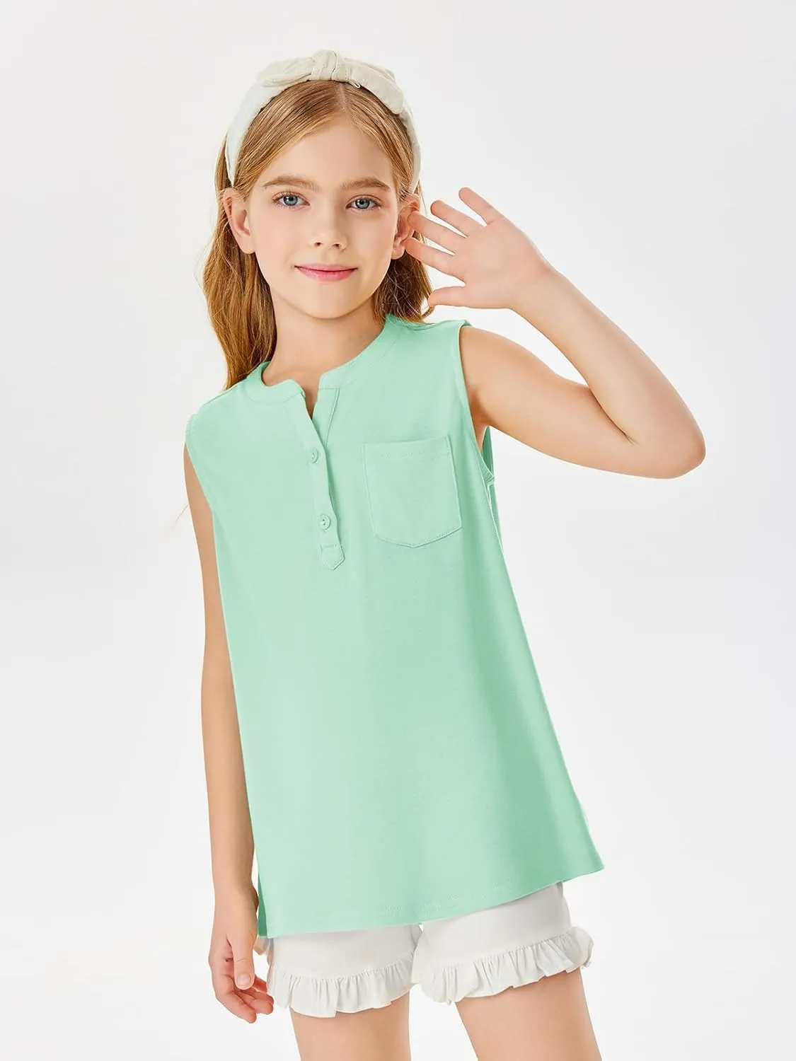 Batermoon Girls Tank Top Summer Cute Sleeveless T Shirt for Teen Henley Ribbed Button Casual Tee Blouse