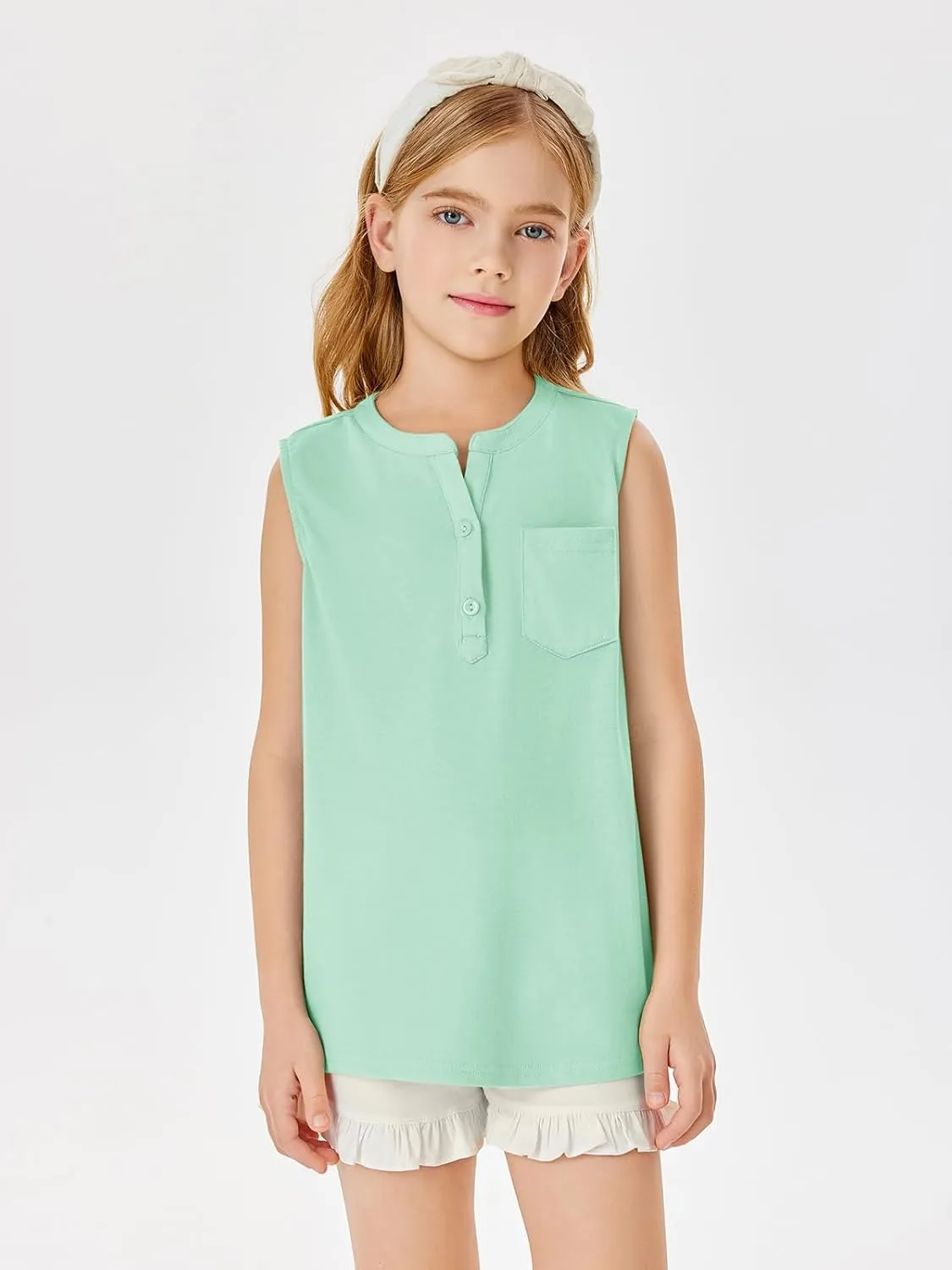 Batermoon Girls Tank Top Summer Cute Sleeveless T Shirt for Teen Henley Ribbed Button Casual Tee Blouse