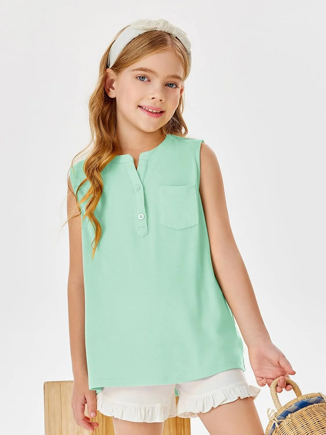 Batermoon Girls Tank Top Summer Cute Sleeveless T Shirt for Teen Henley Ribbed Button Casual Tee Blouse