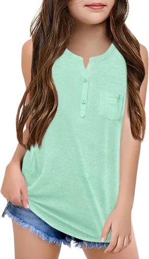 Batermoon Girls Tank Top Summer Cute Sleeveless T Shirt for Teen Henley Ribbed Button Casual Tee Blouse
