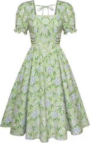Belle Poque Vintage Dress for Women 1950s Cottagecore Cocktail Dresses Square Neck Puff Sleeve Dress with Pockets