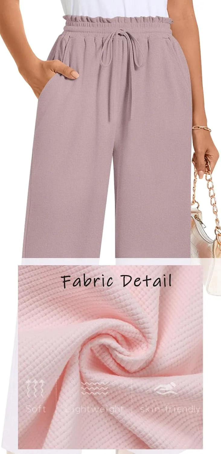 Bestbee 2025 Spring Business Casual Pants for Women, Loose Fit Long Trousers High Waist Waffle Knit Sweatpants with Pockets