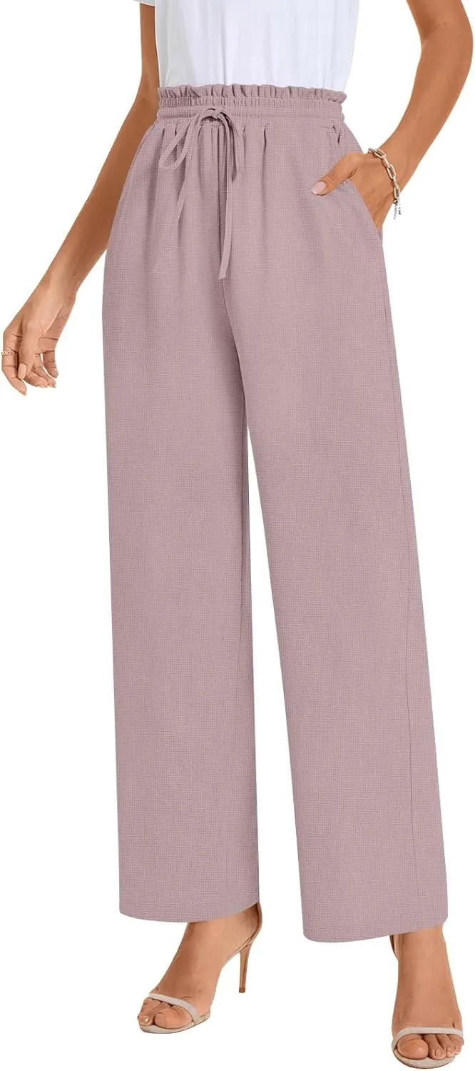 Bestbee 2025 Spring Business Casual Pants for Women, Loose Fit Long Trousers High Waist Waffle Knit Sweatpants with Pockets
