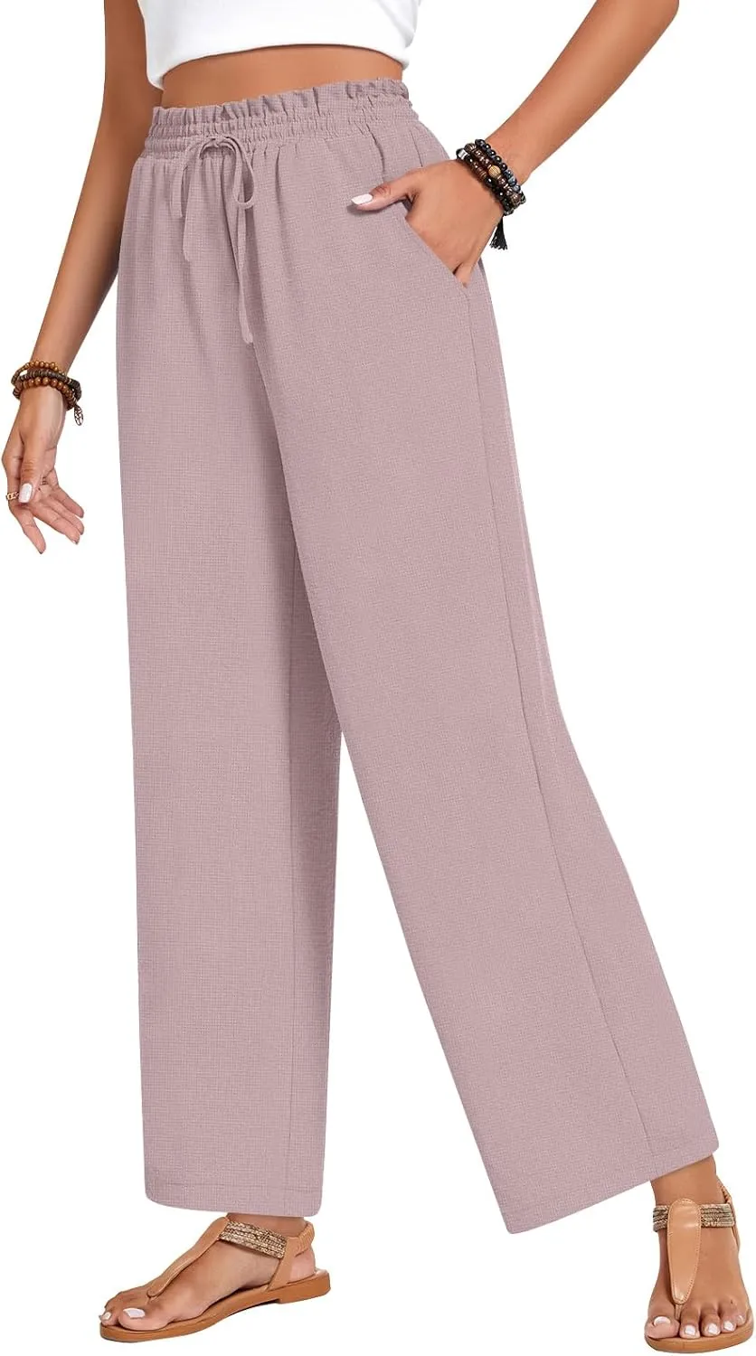Bestbee 2025 Spring Business Casual Pants for Women, Loose Fit Long Trousers High Waist Waffle Knit Sweatpants with Pockets