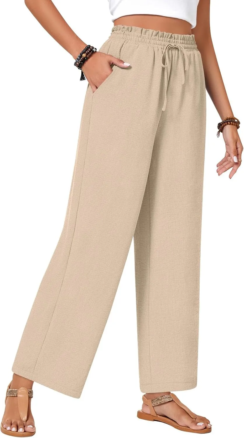 Bestbee Womens Business Casual Pants, Loose Fit Long Trousers 2025 Spring High Waist Waffle Knit Sweatpants with Pockets