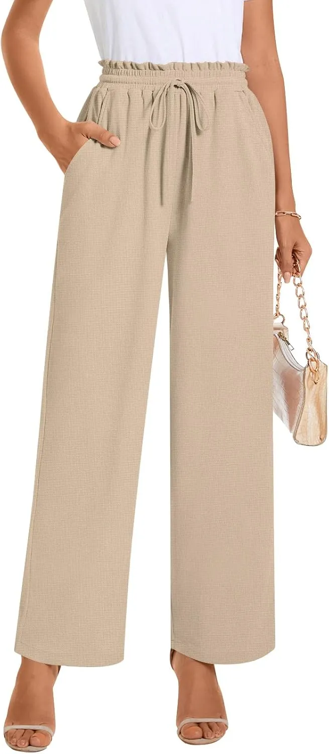 Bestbee Womens Business Casual Pants, Loose Fit Long Trousers 2025 Spring High Waist Waffle Knit Sweatpants with Pockets