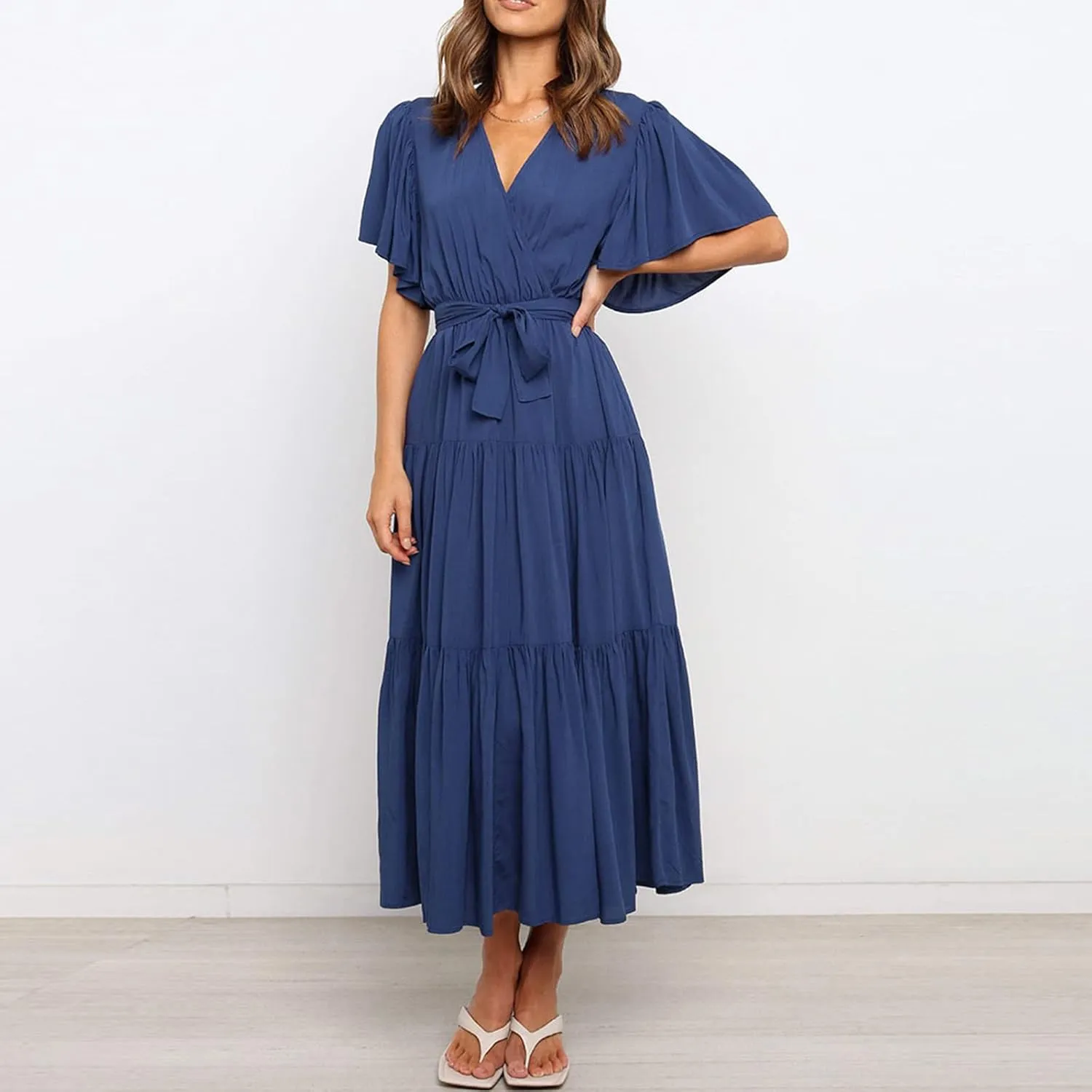 Binmer WomenS Summer Maxi Dresses Wrap V Neck Ruffle Short Sleeve Beach Dress Casual Flowy Tiered Vacation Sundress W/Pocket