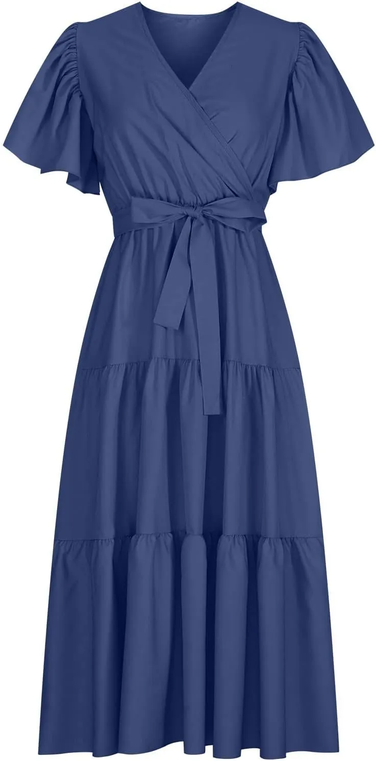 Binmer WomenS Summer Maxi Dresses Wrap V Neck Ruffle Short Sleeve Beach Dress Casual Flowy Tiered Vacation Sundress W/Pocket