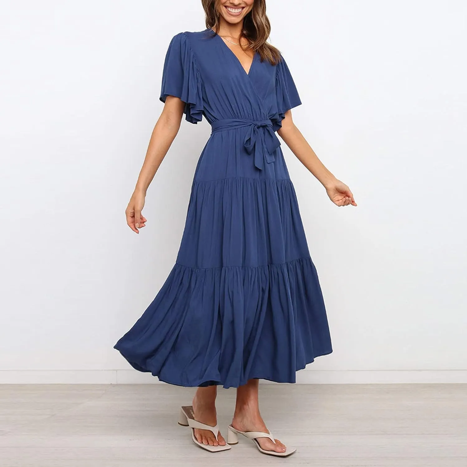 Binmer WomenS Summer Maxi Dresses Wrap V Neck Ruffle Short Sleeve Beach Dress Casual Flowy Tiered Vacation Sundress W/Pocket