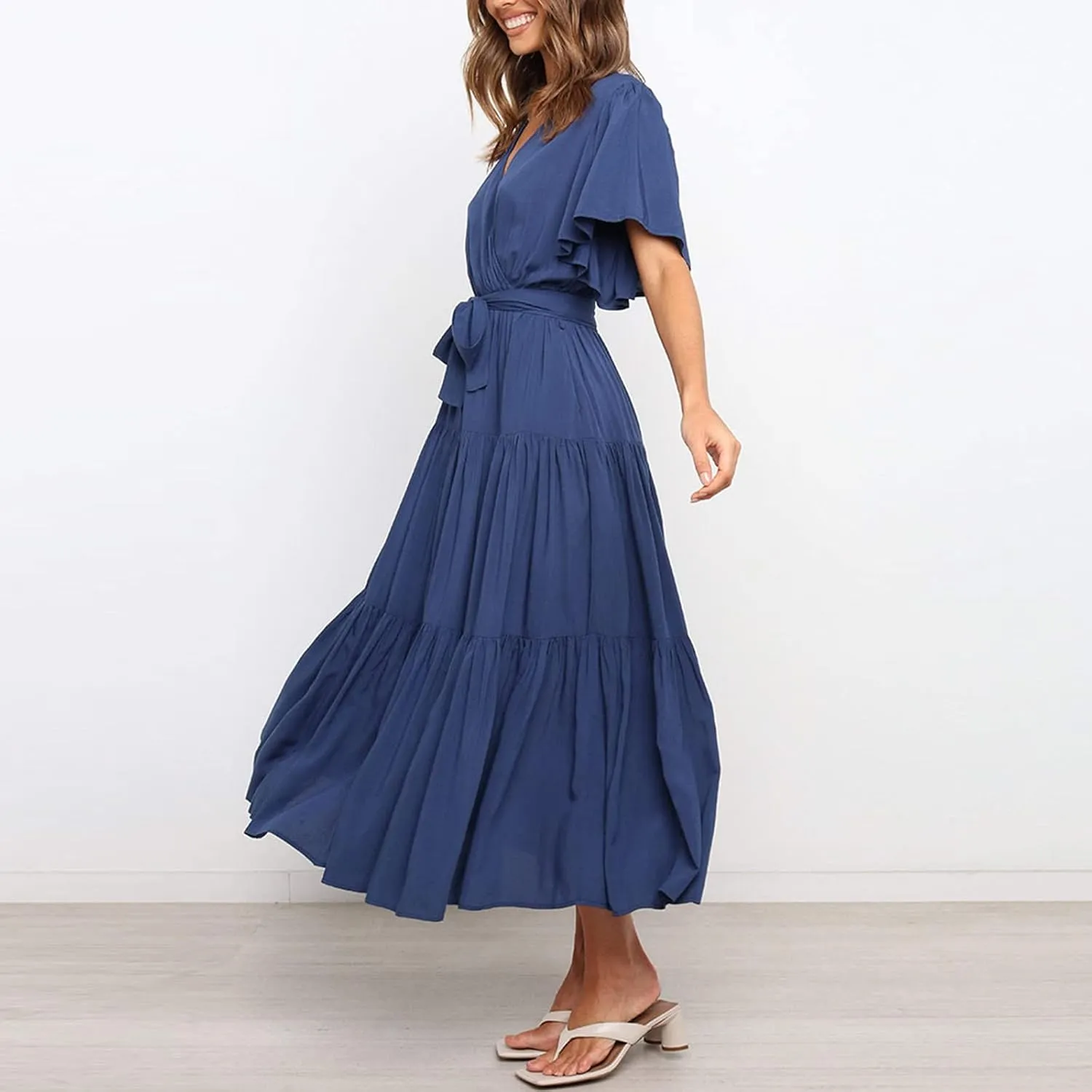 Binmer WomenS Summer Maxi Dresses Wrap V Neck Ruffle Short Sleeve Beach Dress Casual Flowy Tiered Vacation Sundress W/Pocket