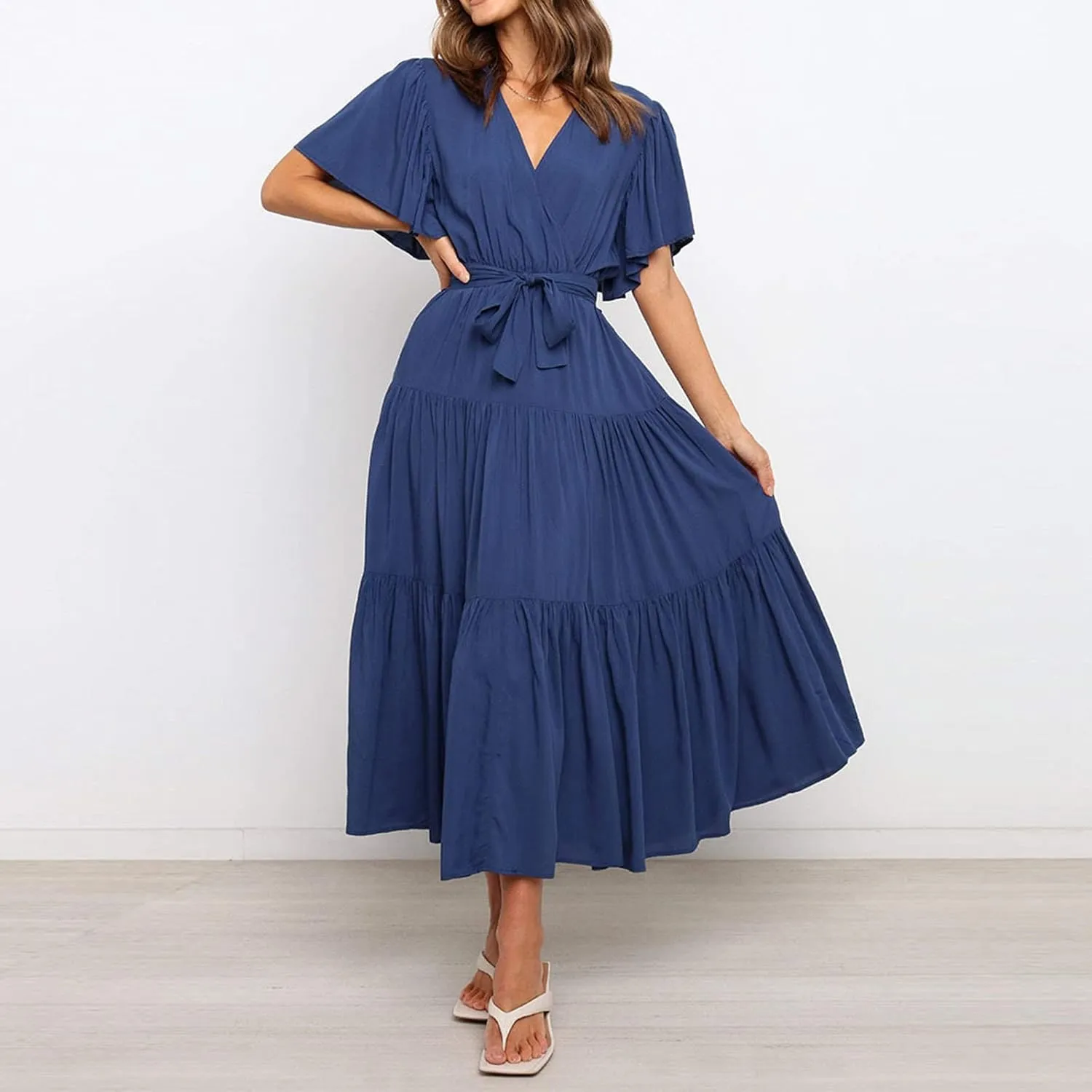 Binmer WomenS Summer Maxi Dresses Wrap V Neck Ruffle Short Sleeve Beach Dress Casual Flowy Tiered Vacation Sundress W/Pocket