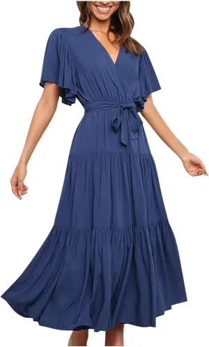Binmer WomenS Summer Maxi Dresses Wrap V Neck Ruffle Short Sleeve Beach Dress Casual Flowy Tiered Vacation Sundress W/Pocket