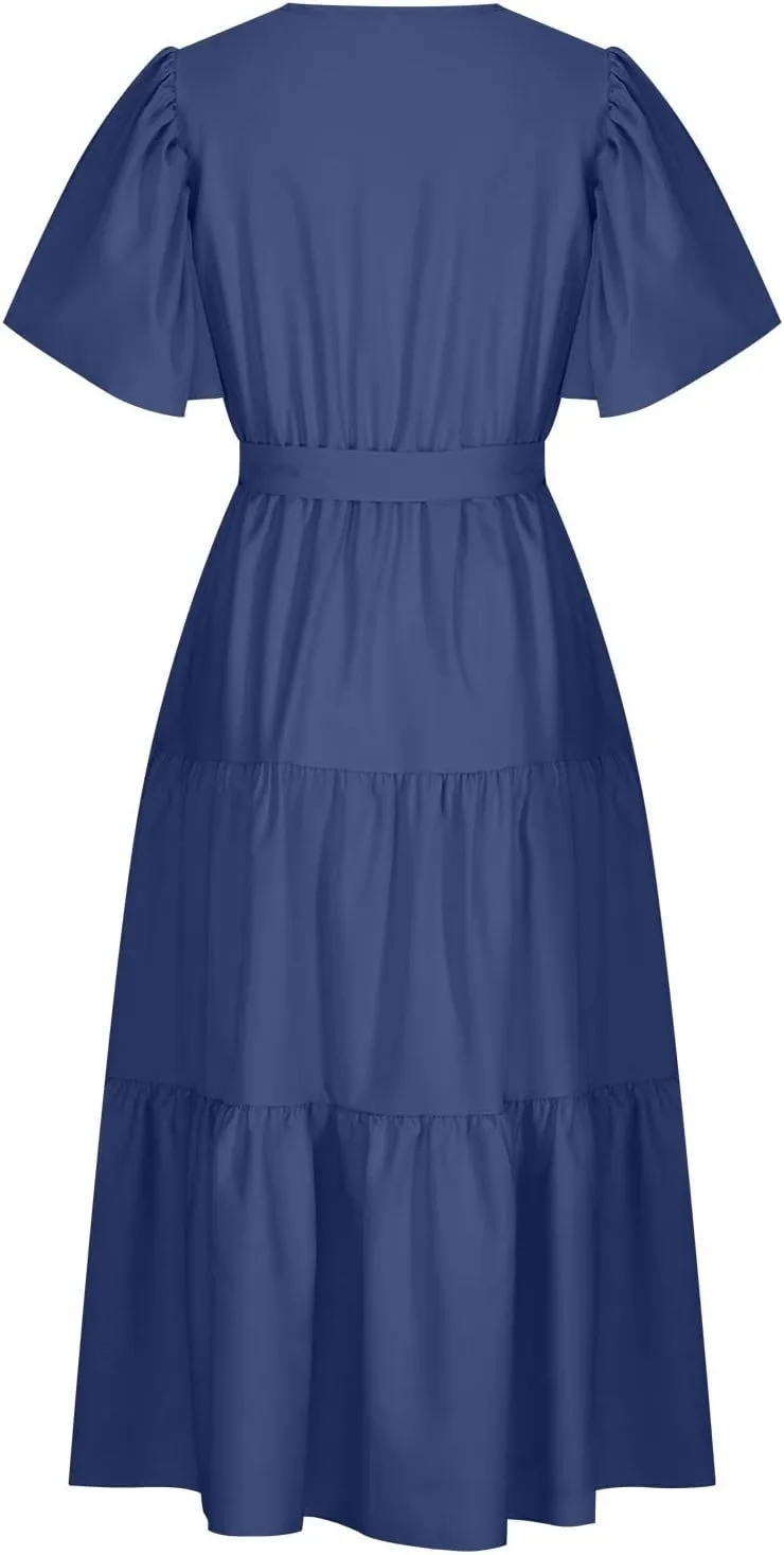 Binmer WomenS Summer Maxi Dresses Wrap V Neck Ruffle Short Sleeve Beach Dress Casual Flowy Tiered Vacation Sundress W/Pocket