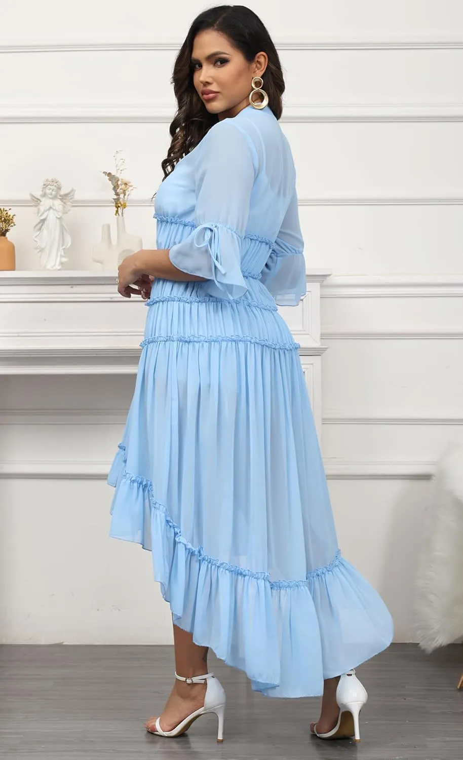 Bluewolfsea Womens Lightweight Summer Cardigan Long Sheer Cover Up Flowy Ruffle Button Down Maxi Dress