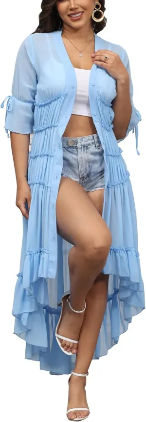 Bluewolfsea Womens Lightweight Summer Cardigan Long Sheer Cover Up Flowy Ruffle Button Down Maxi Dress