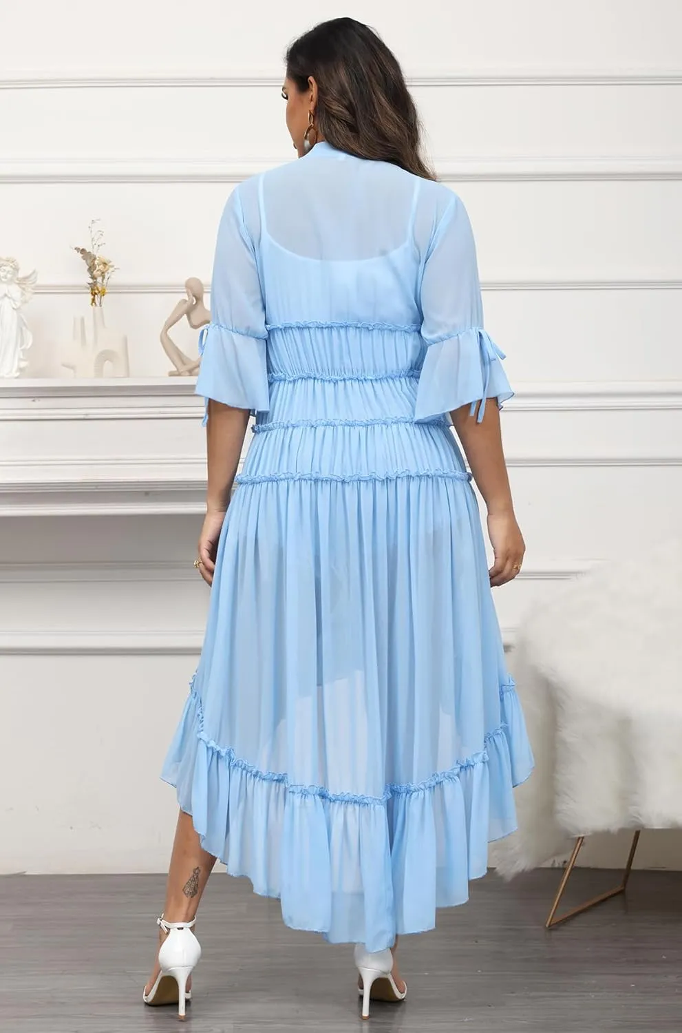 Bluewolfsea Womens Lightweight Summer Cardigan Long Sheer Cover Up Flowy Ruffle Button Down Maxi Dress