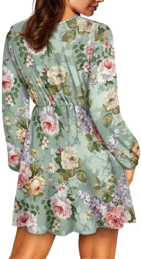Boho Summer Dress Women Casual Long Sleeve Mini Dresses 2024 Boho Floral Smocked V Neck Short Dress