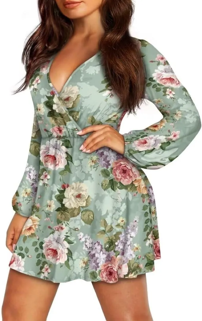 Boho Summer Dress Women Casual Long Sleeve Mini Dresses 2024 Boho Floral Smocked V Neck Short Dress
