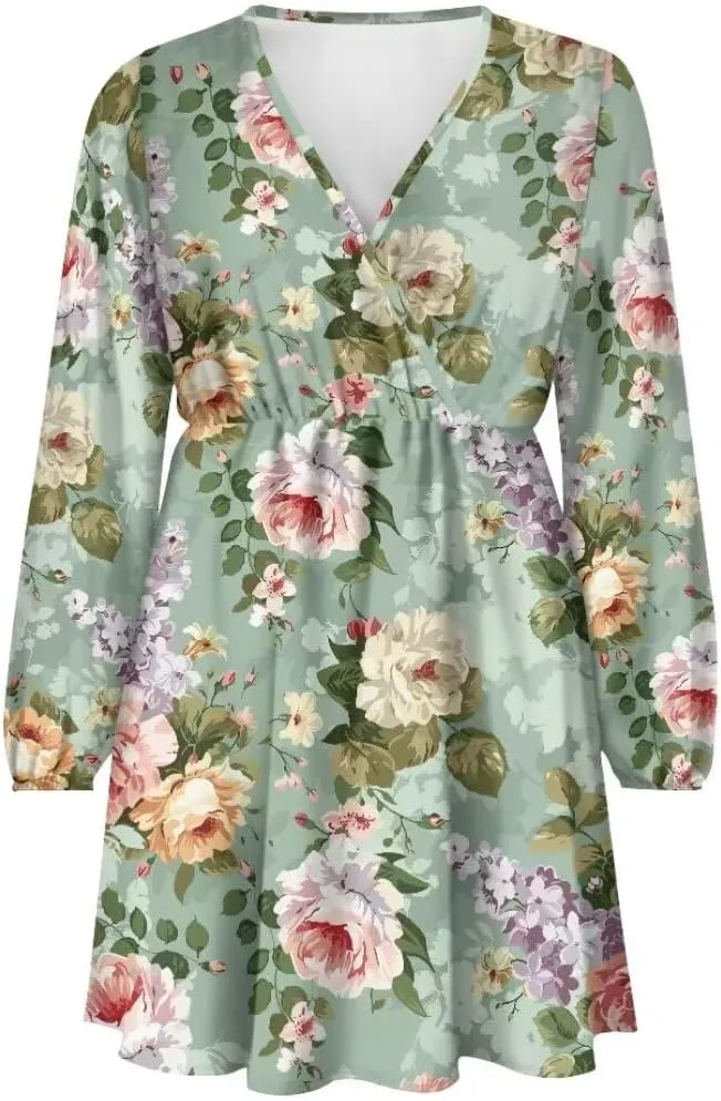 Boho Summer Dress Women Casual Long Sleeve Mini Dresses 2024 Boho Floral Smocked V Neck Short Dress