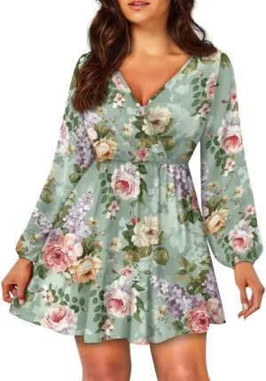 Boho Summer Dress Women Casual Long Sleeve Mini Dresses 2024 Boho Floral Smocked V Neck Short Dress